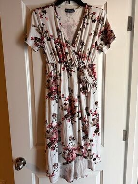 Ava & Viv Floral Wrap Midi Dress - Cream with Pink & Brown Bloom